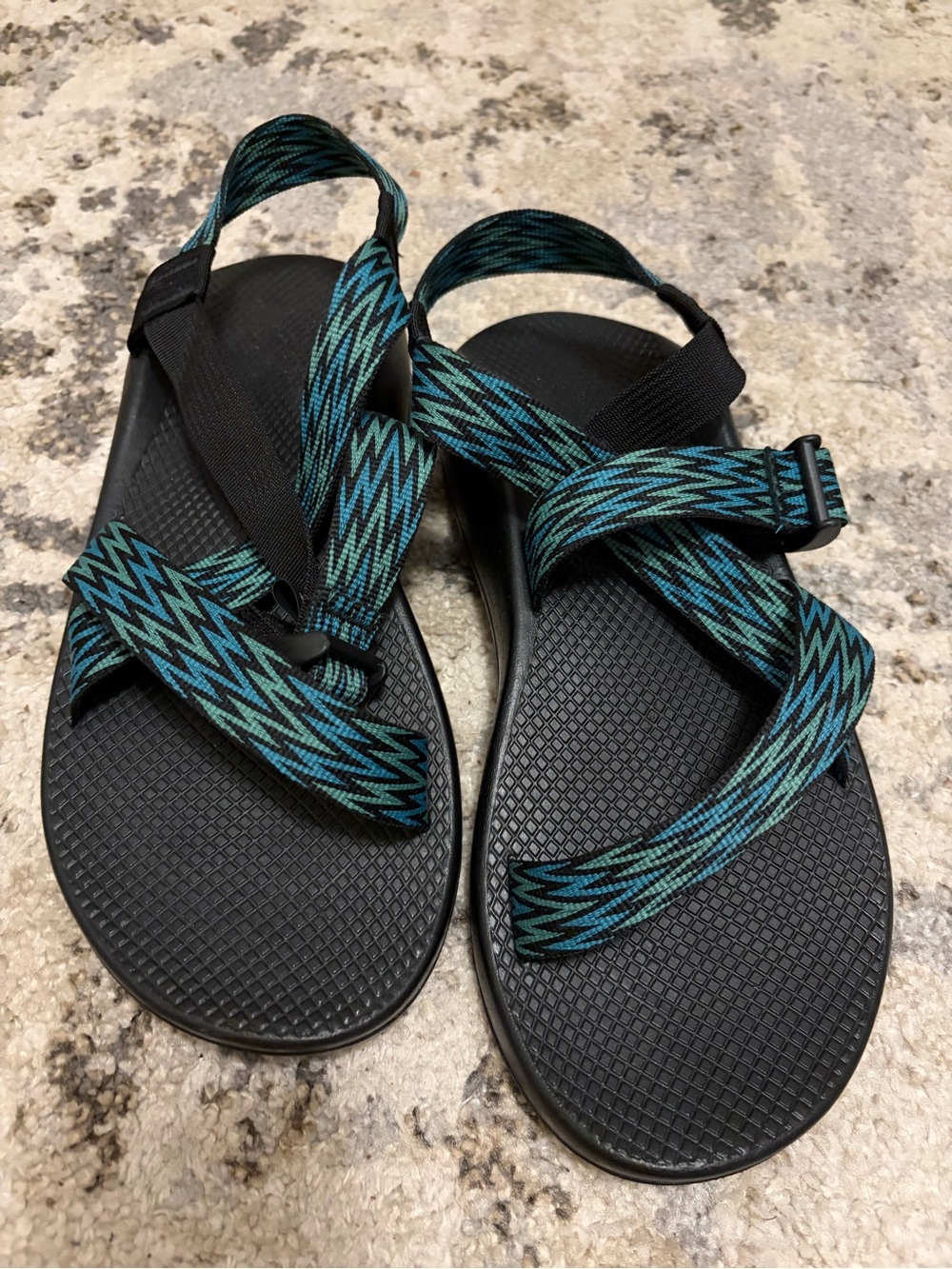 Chaco Black Strap Sandal with Teal Pattern